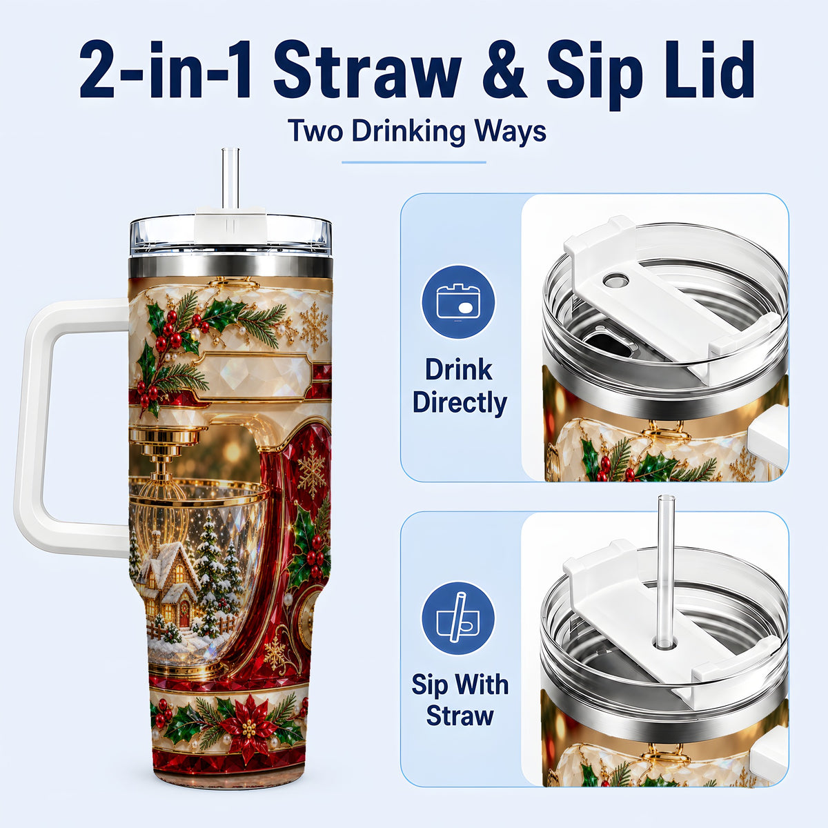 #pl[40oz|White] Christmas Mixer 40oz Tumbler with Handle, Holiday Baking Travel Cup