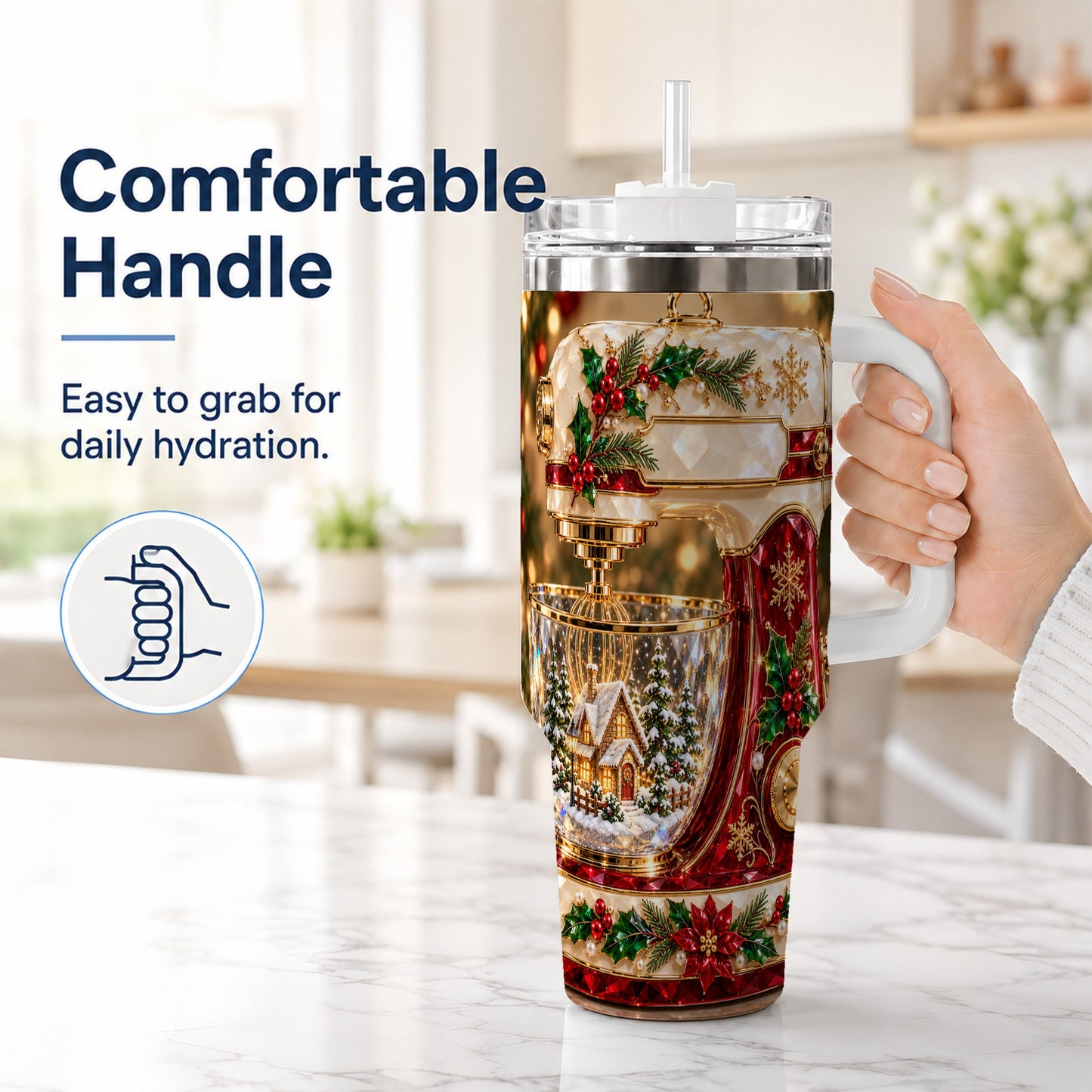 #pl[40oz|White] Christmas Mixer 40oz Tumbler with Handle, Holiday Baking Travel Cup