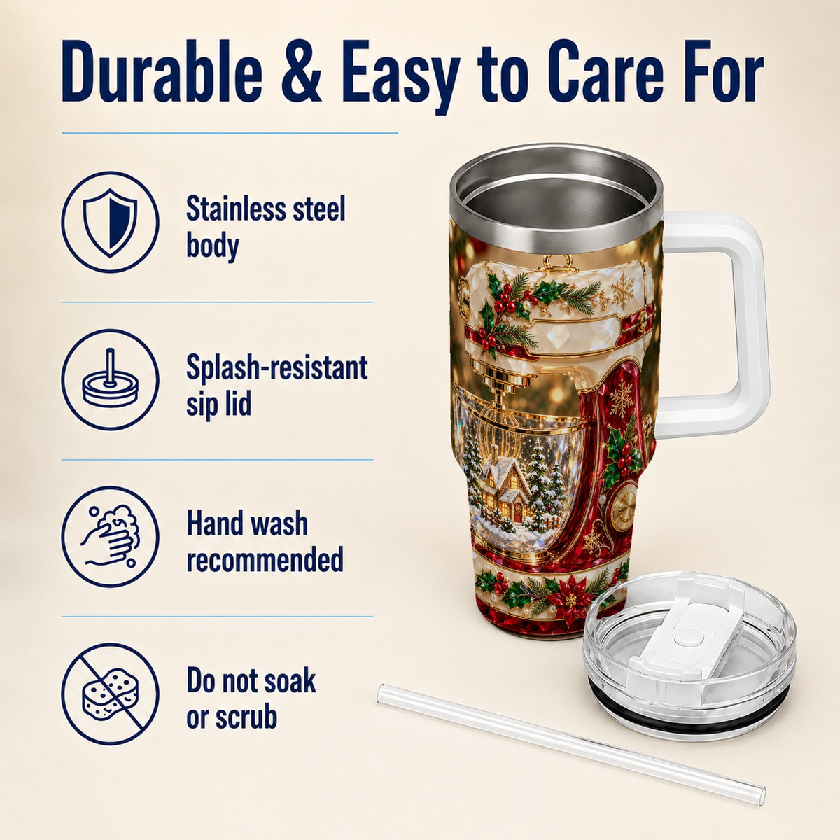 #pl[40oz|White] Christmas Mixer 40oz Tumbler with Handle, Holiday Baking Travel Cup