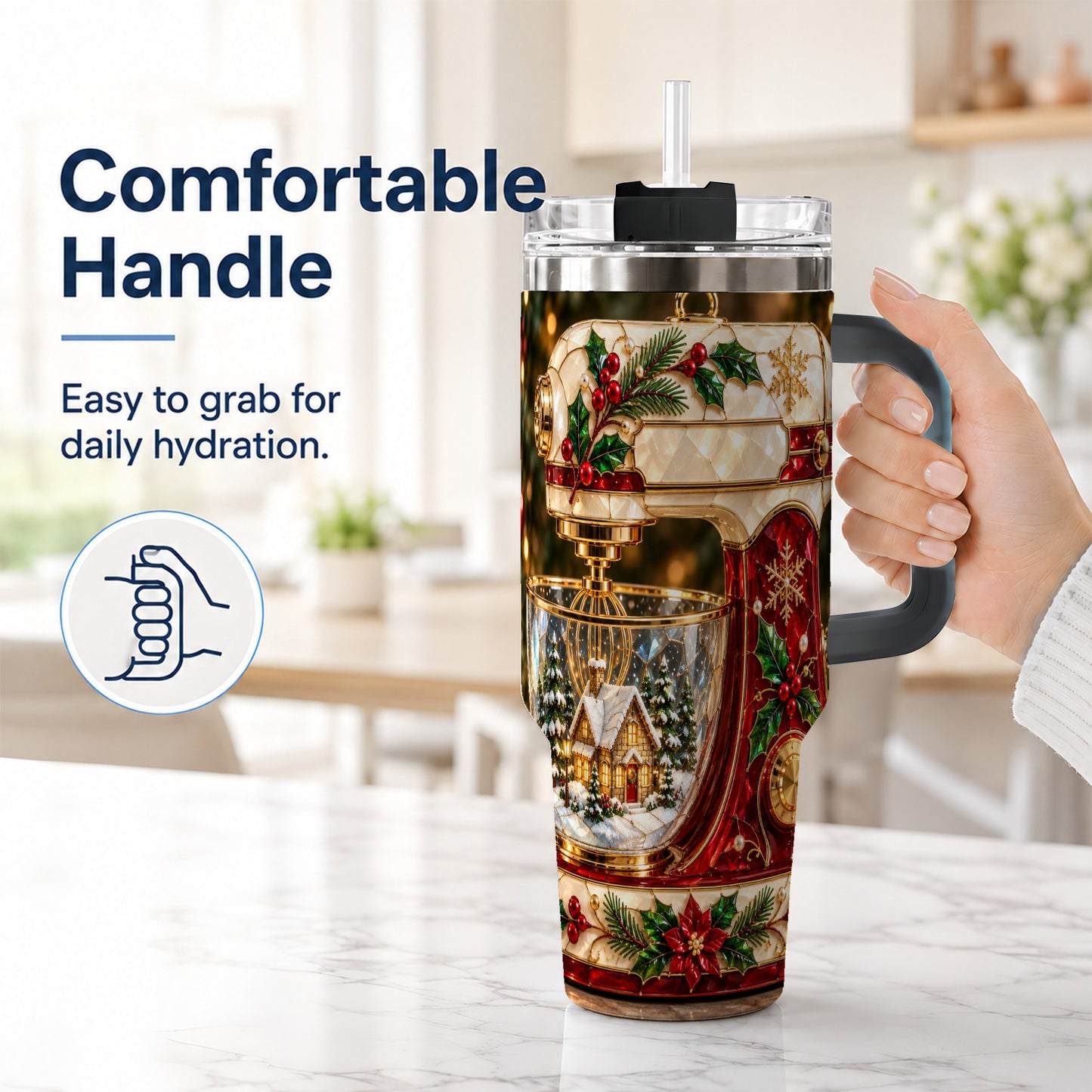 #pl[40oz|Black] Holiday Mixer 40oz Tumbler with Handle, Christmas Baking Travel Cup