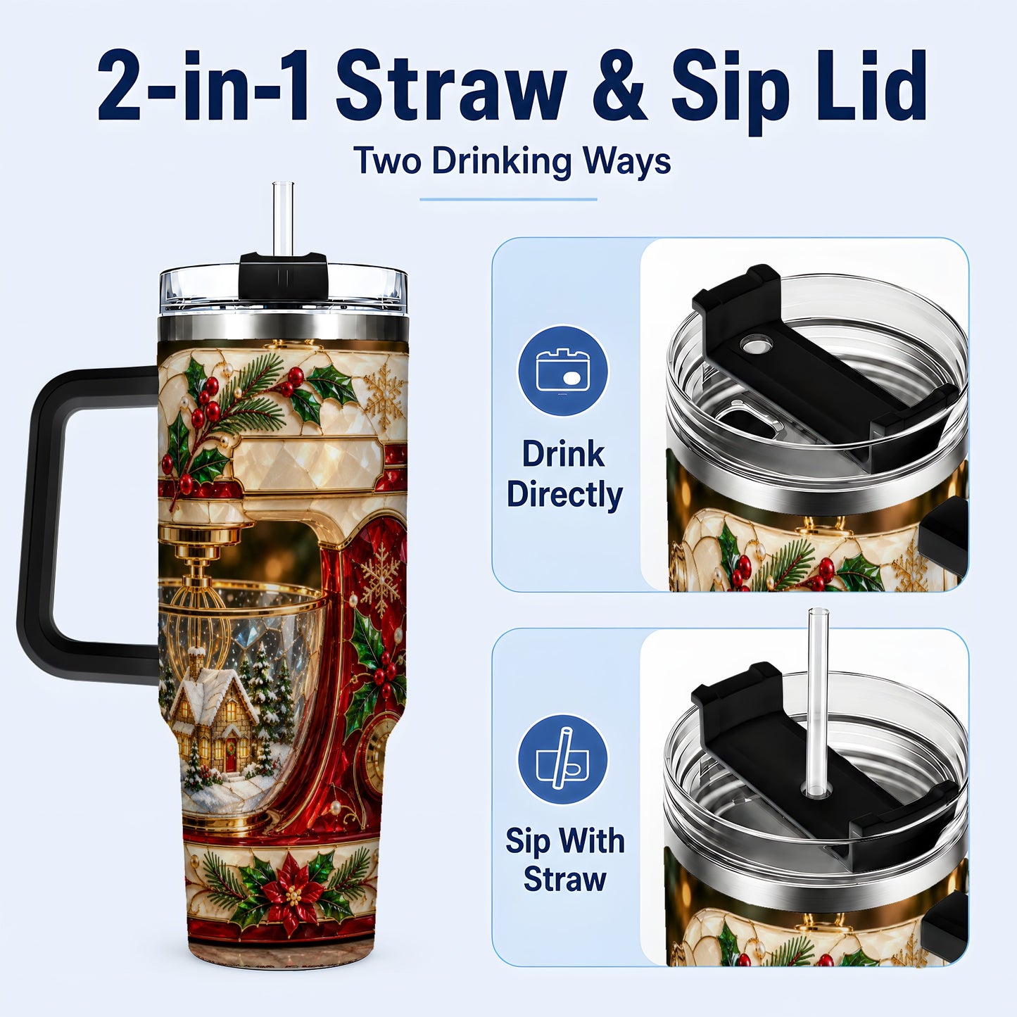 #pl[40oz|Black] Holiday Mixer 40oz Tumbler with Handle, Christmas Baking Travel Cup