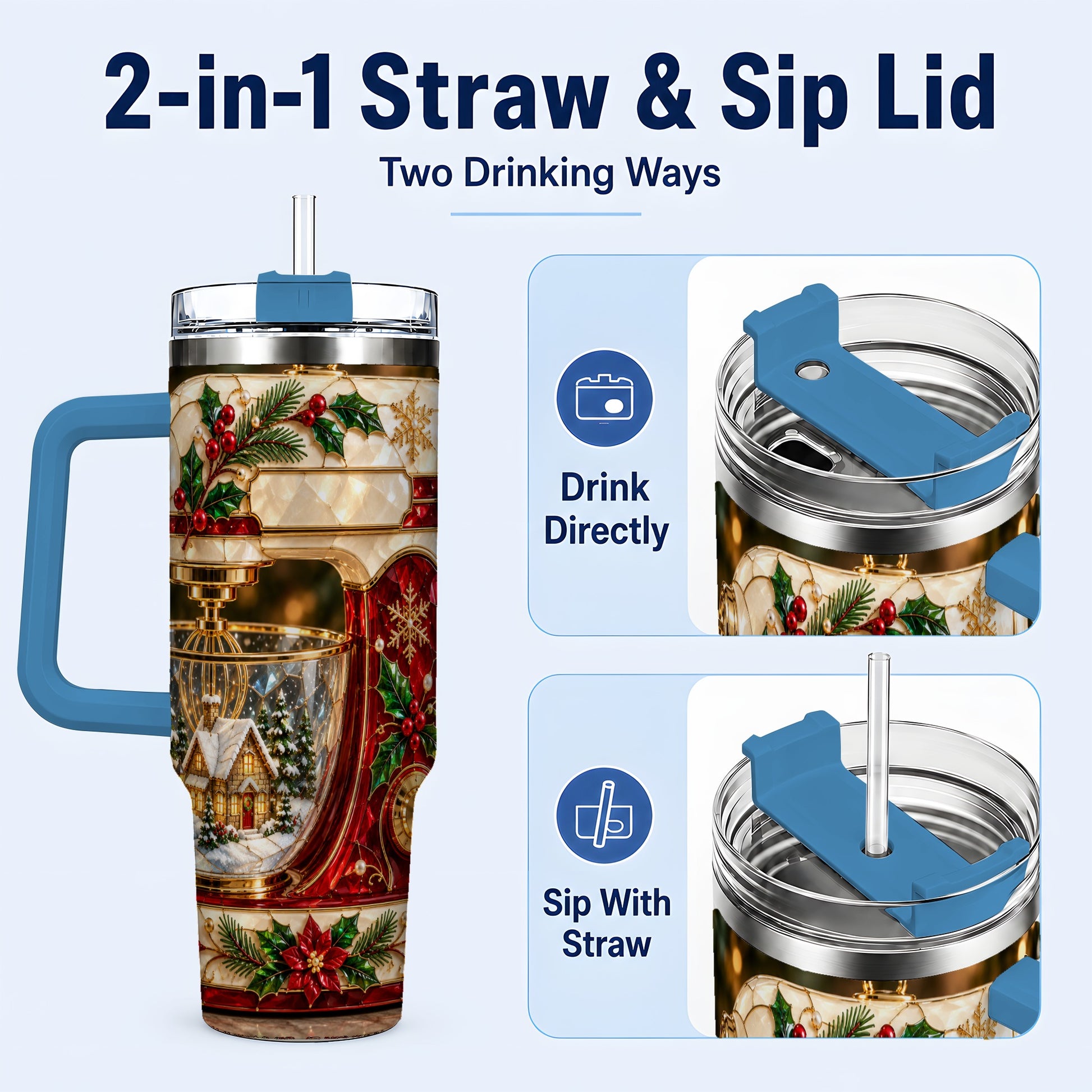 #pl[40oz|Blue] Holiday Mixer 40oz Tumbler with Handle, Christmas Baking Travel Cup