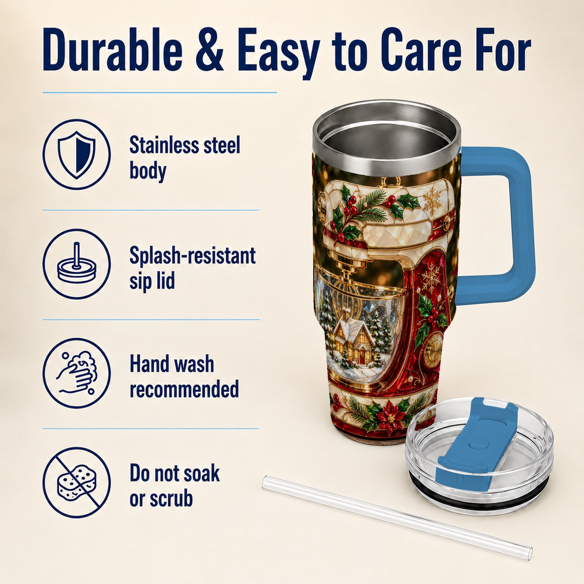 #pl[40oz|Blue] Holiday Mixer 40oz Tumbler with Handle, Christmas Baking Travel Cup