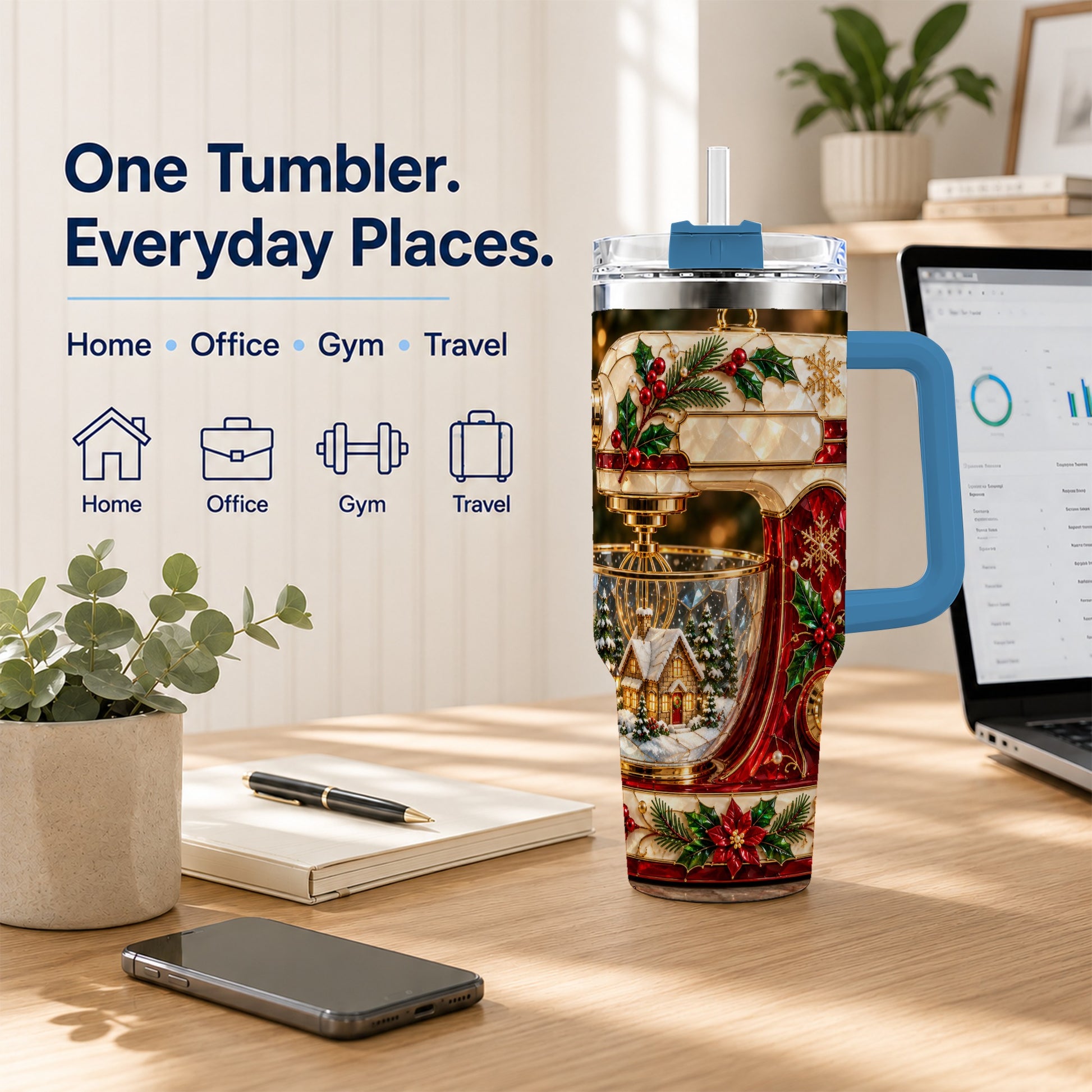 #pl[40oz|Blue] Holiday Mixer 40oz Tumbler with Handle, Christmas Baking Travel Cup