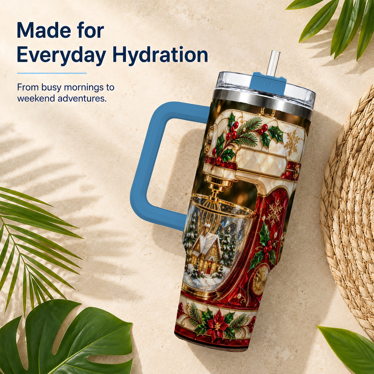#pl[40oz|Blue] Holiday Mixer 40oz Tumbler with Handle, Christmas Baking Travel Cup