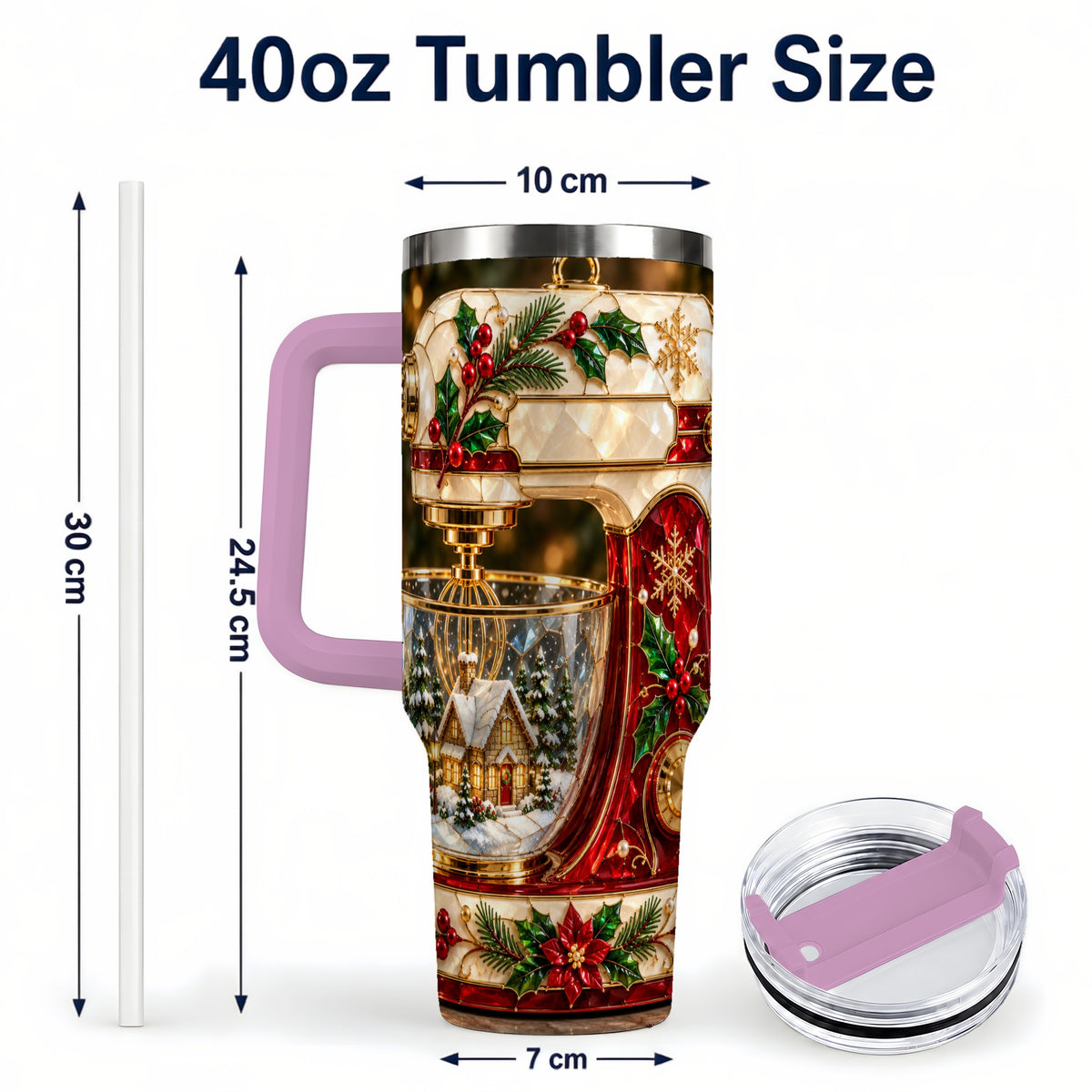 #pl[40oz|Pink] Holiday Mixer 40oz Tumbler with Handle, Christmas Baking Travel Cup
