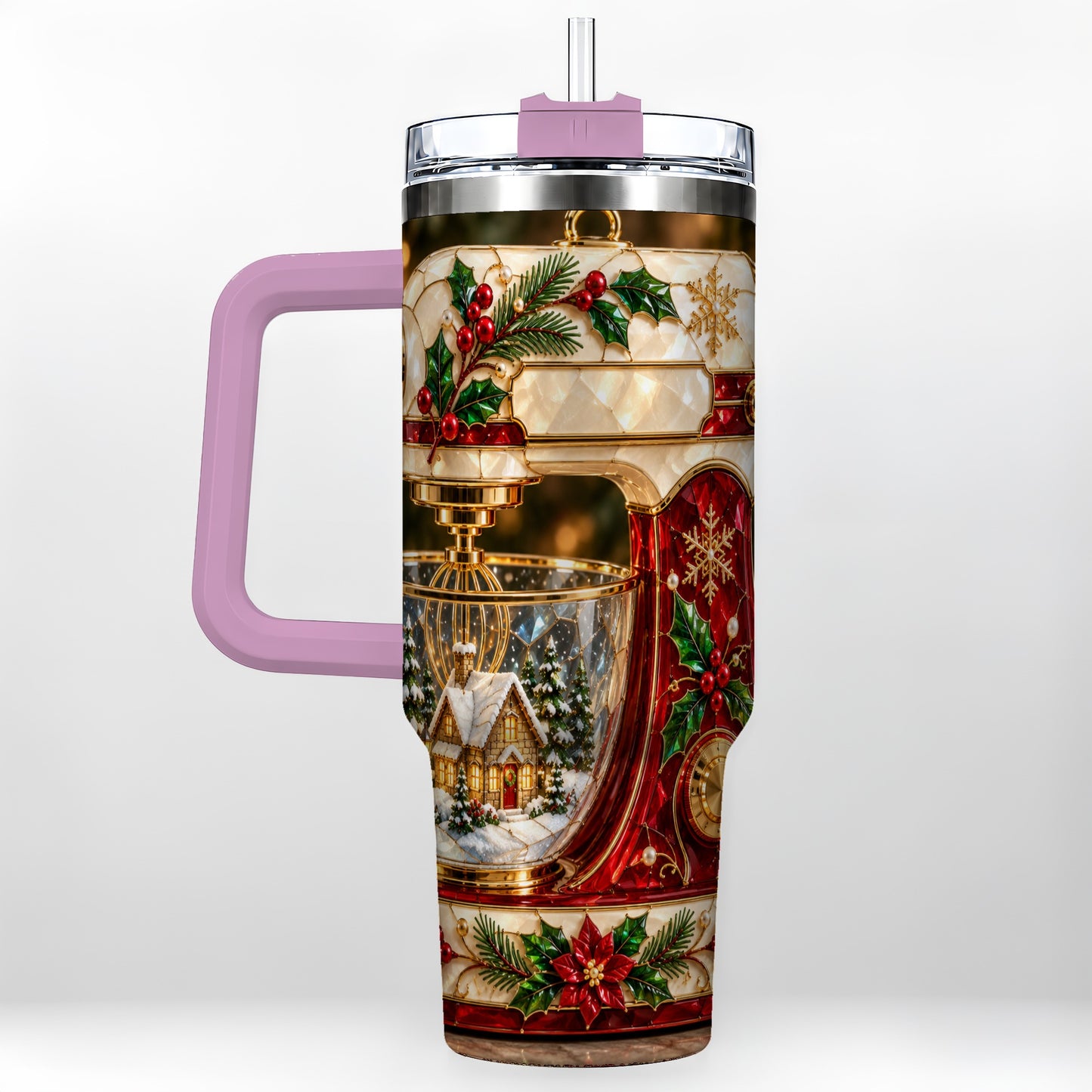 #pl[40oz|Pink] Holiday Mixer 40oz Tumbler with Handle, Christmas Baking Travel Cup