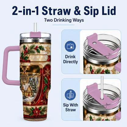 #pl[40oz|Pink] Holiday Mixer 40oz Tumbler with Handle, Christmas Baking Travel Cup