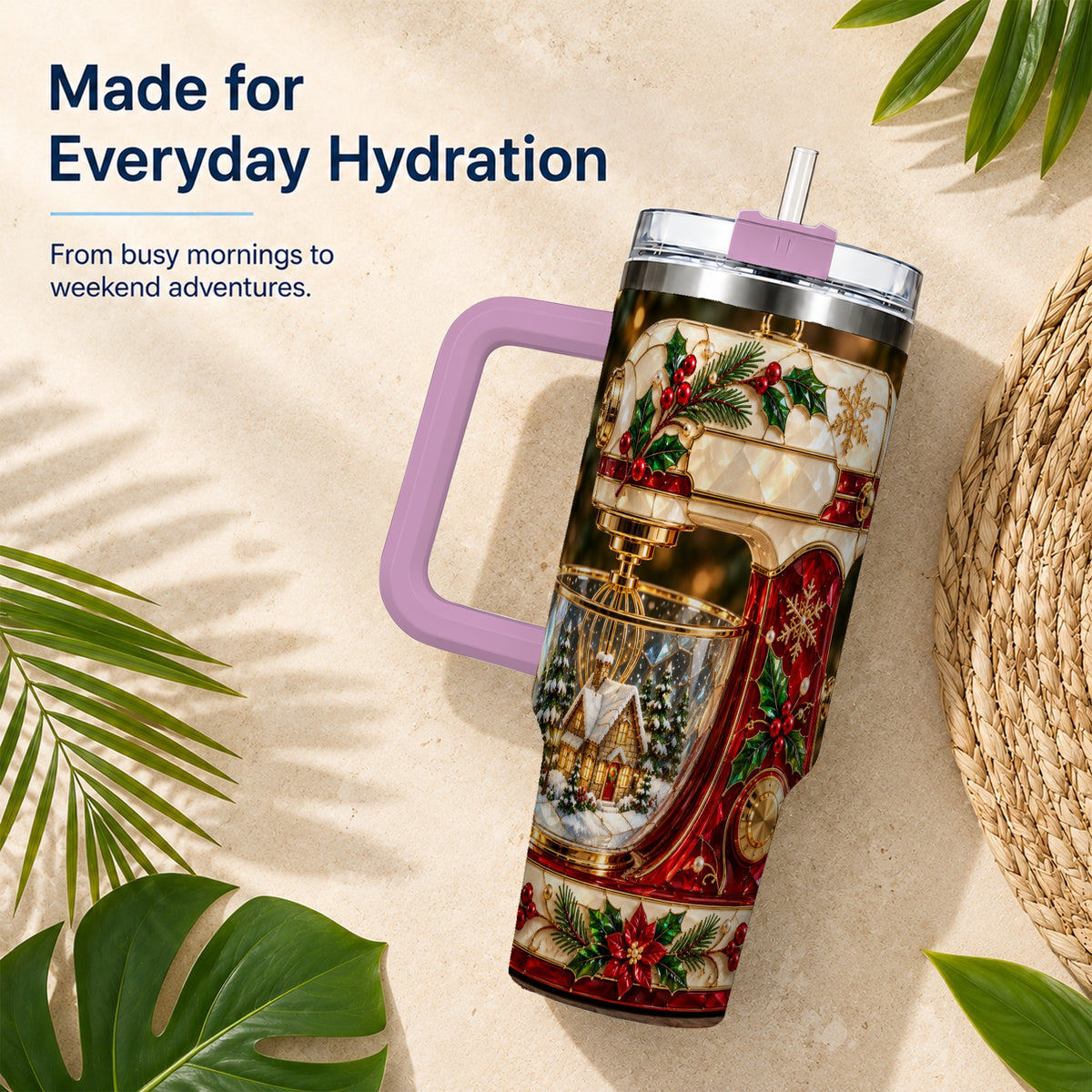 #pl[40oz|Pink] Holiday Mixer 40oz Tumbler with Handle, Christmas Baking Travel Cup
