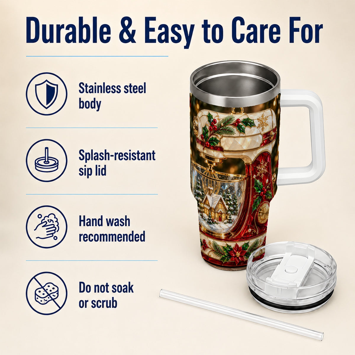 #pl[40oz|White] Holiday Mixer 40oz Tumbler with Handle, Christmas Baking Travel Cup