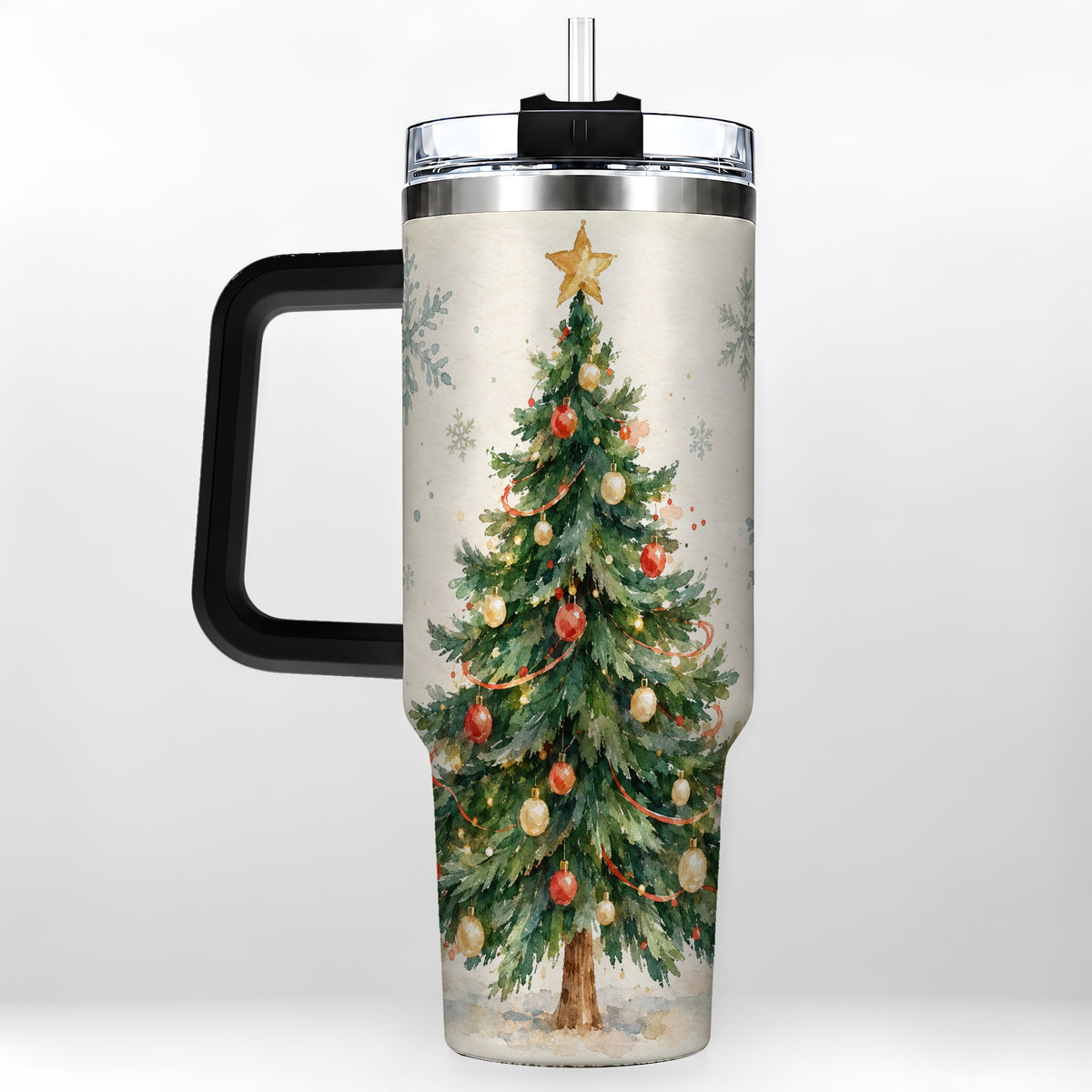 #pl[40oz|Black] Christmas Tree 40oz Tumbler with Handle, Watercolor Holiday Travel Cup