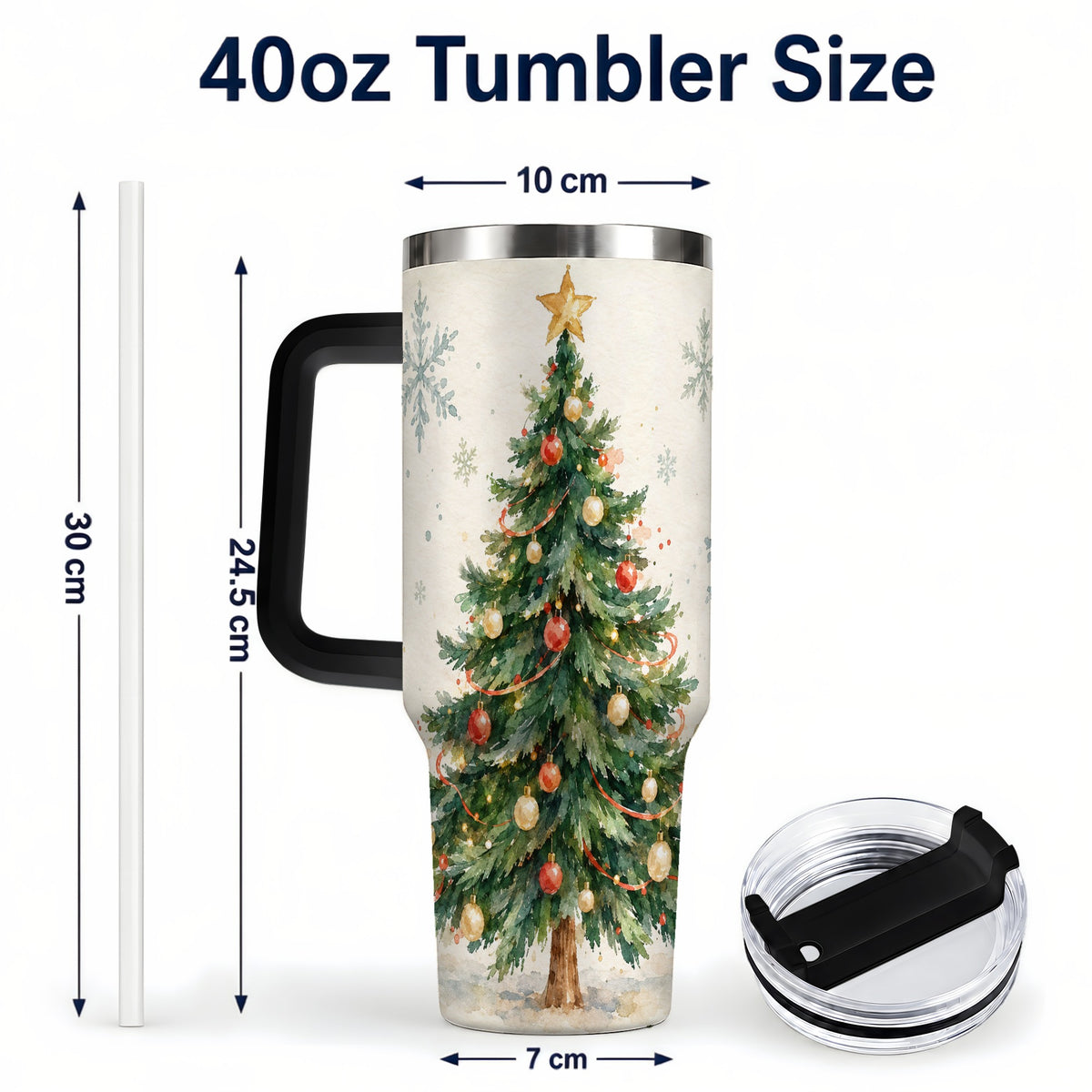 #pl[40oz|Black] Christmas Tree 40oz Tumbler with Handle, Watercolor Holiday Travel Cup