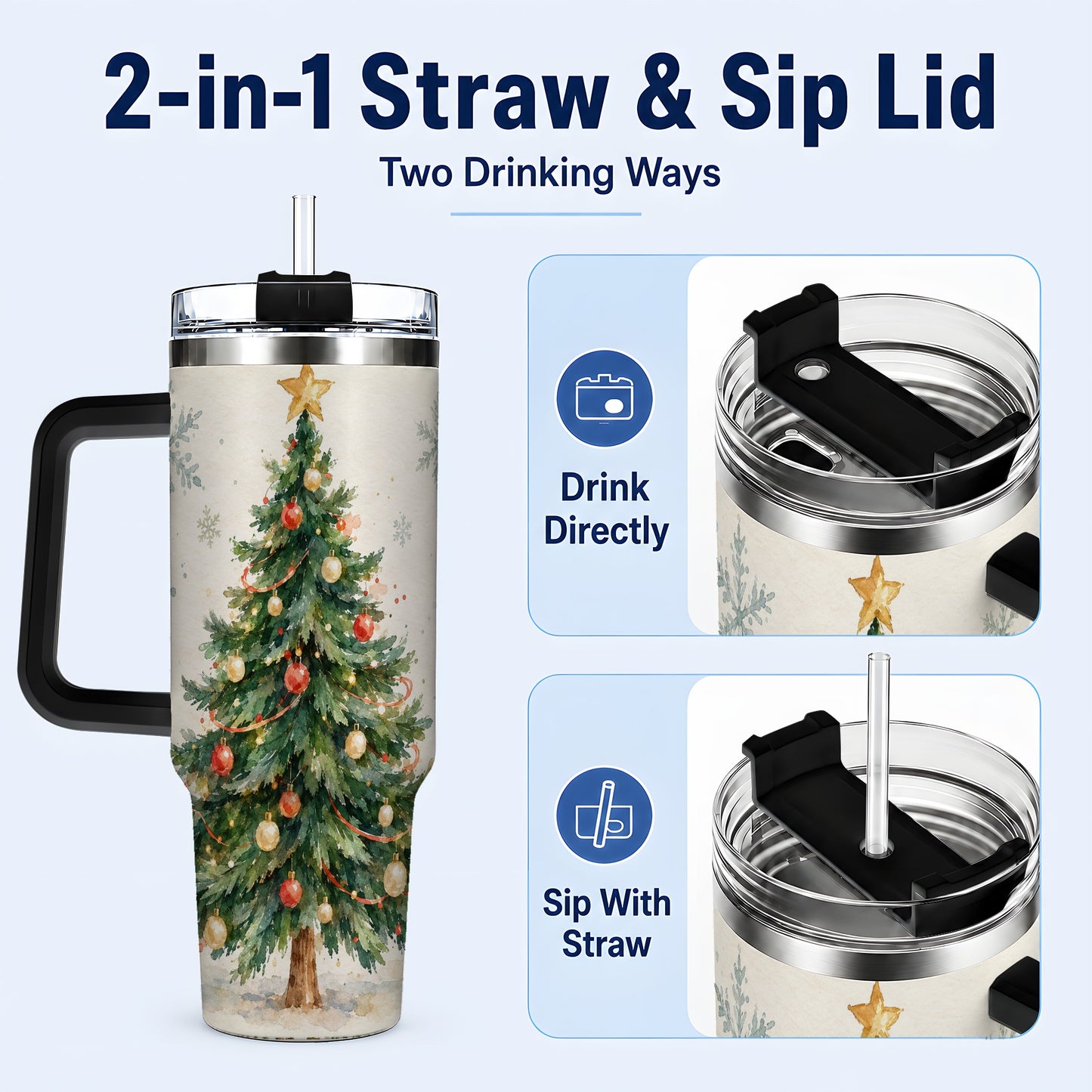 #pl[40oz|Black] Christmas Tree 40oz Tumbler with Handle, Watercolor Holiday Travel Cup