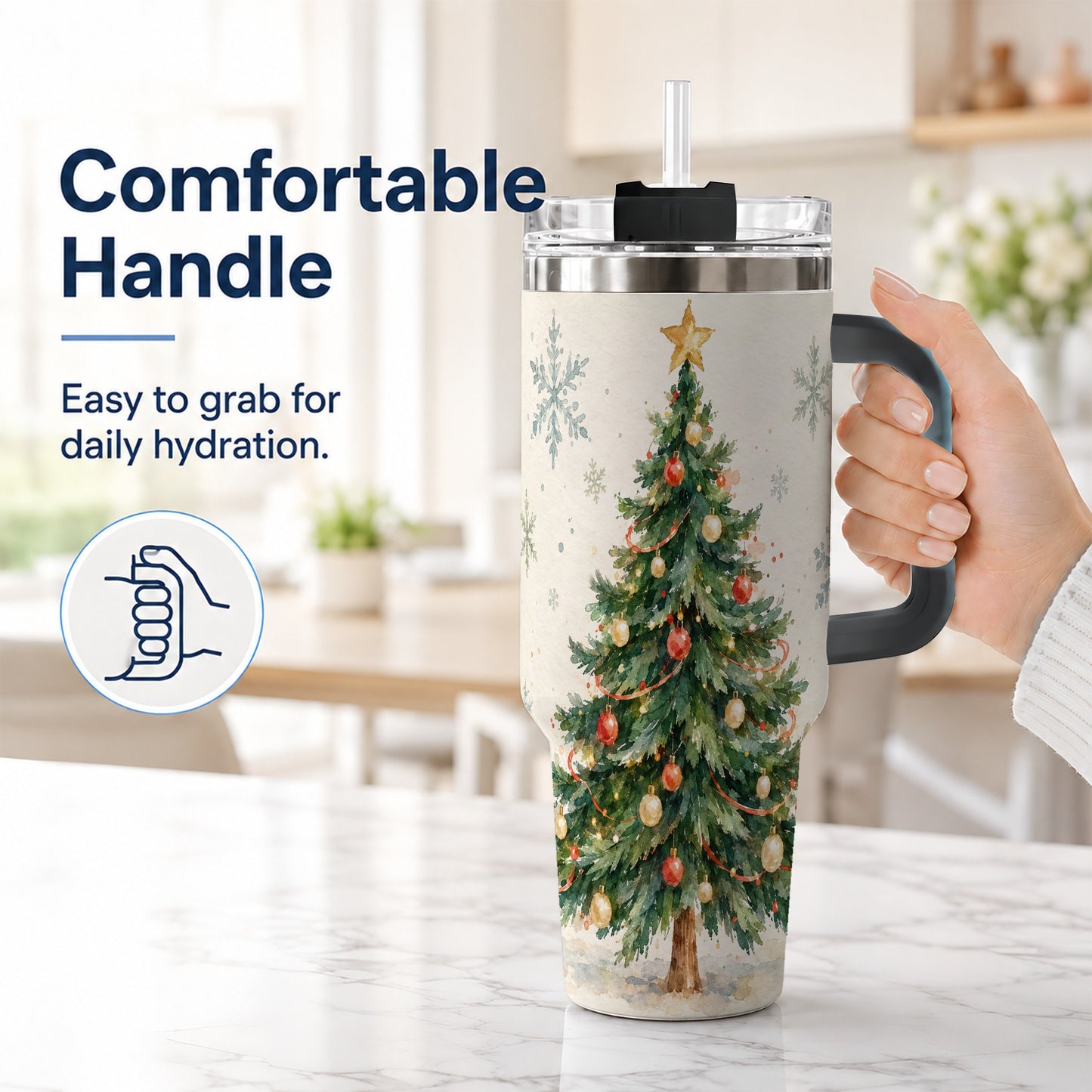 #pl[40oz|Black] Christmas Tree 40oz Tumbler with Handle, Watercolor Holiday Travel Cup