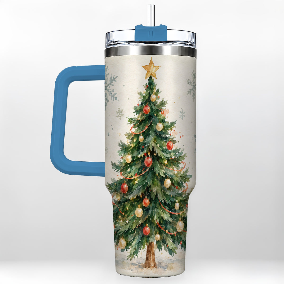 #pl[40oz|Blue] Christmas Tree 40oz Tumbler with Handle, Watercolor Holiday Travel Cup