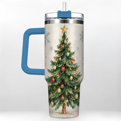 #pl[40oz|Blue] Christmas Tree 40oz Tumbler with Handle, Watercolor Holiday Travel Cup