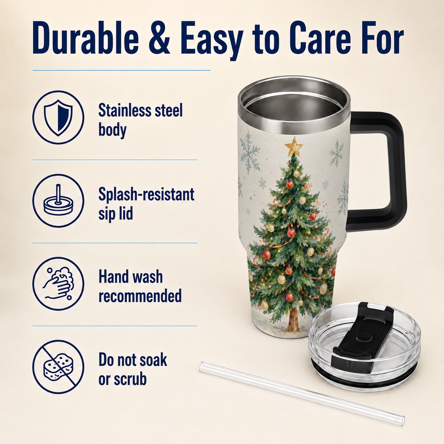#pl[40oz|Black] Christmas Tree 40oz Tumbler with Handle, Watercolor Holiday Travel Cup