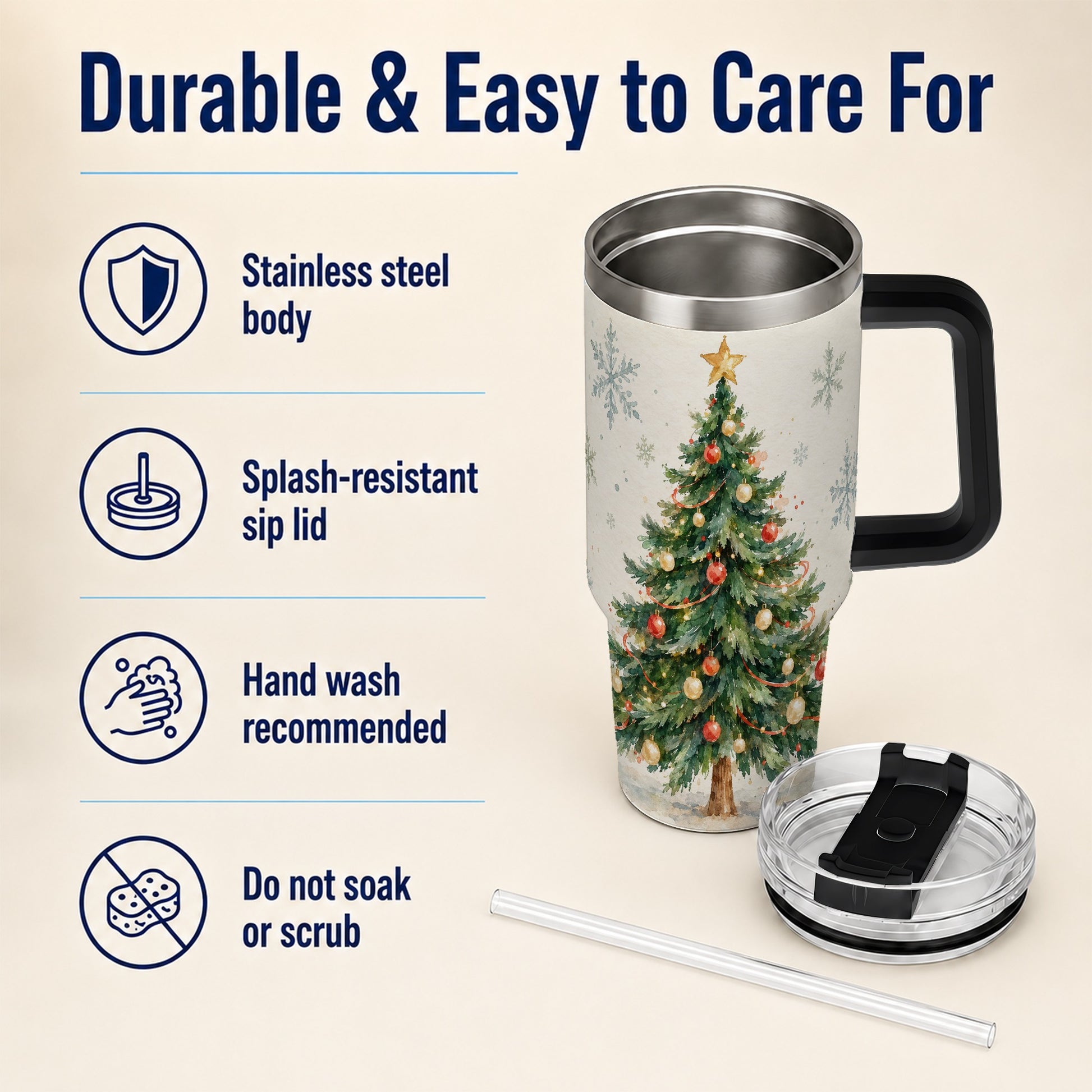 #pl[40oz|Black] Christmas Tree 40oz Tumbler with Handle, Watercolor Holiday Travel Cup