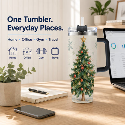 #pl[40oz|Black] Christmas Tree 40oz Tumbler with Handle, Watercolor Holiday Travel Cup