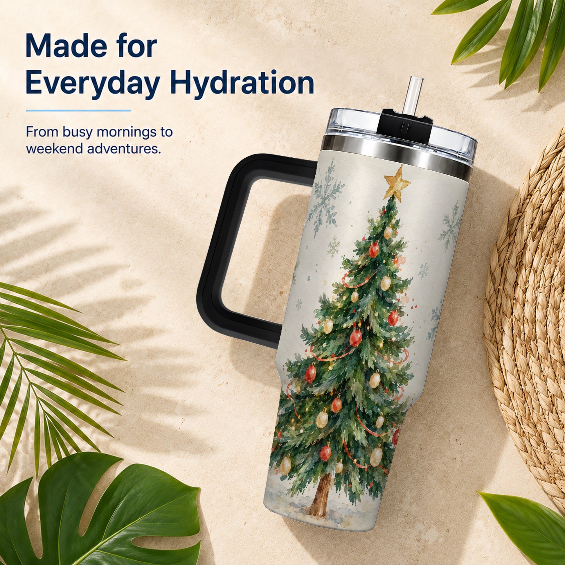 #pl[40oz|Black] Christmas Tree 40oz Tumbler with Handle, Watercolor Holiday Travel Cup