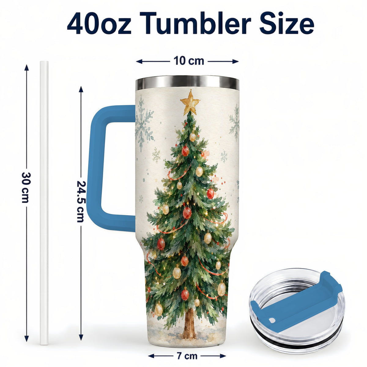 #pl[40oz|Blue] Christmas Tree 40oz Tumbler with Handle, Watercolor Holiday Travel Cup