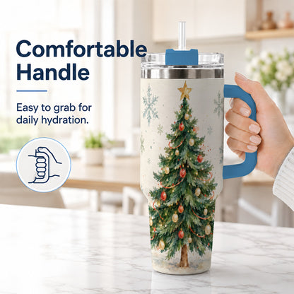 #pl[40oz|Blue] Christmas Tree 40oz Tumbler with Handle, Watercolor Holiday Travel Cup