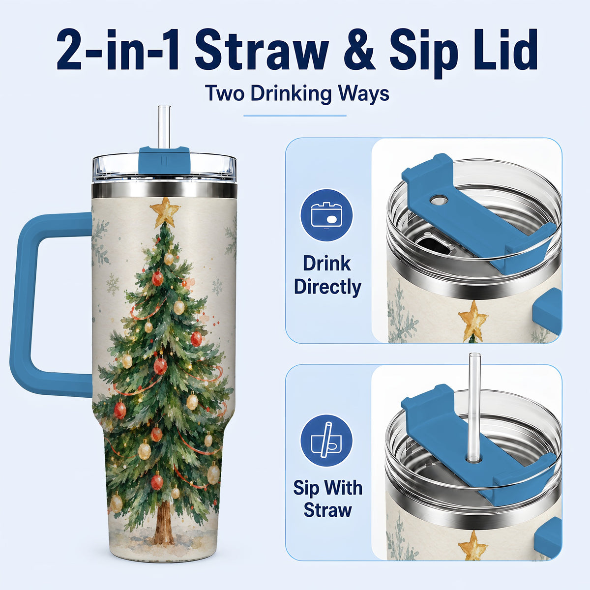 #pl[40oz|Blue] Christmas Tree 40oz Tumbler with Handle, Watercolor Holiday Travel Cup