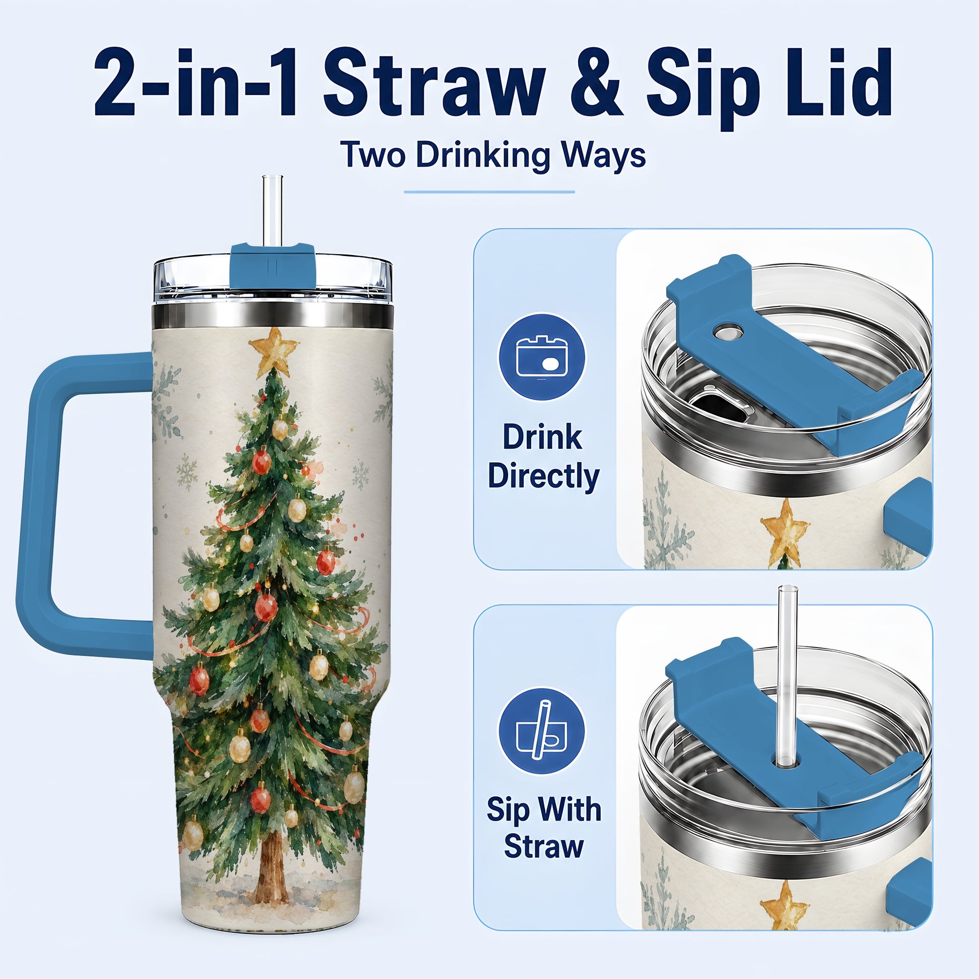 #pl[40oz|Blue] Christmas Tree 40oz Tumbler with Handle, Watercolor Holiday Travel Cup