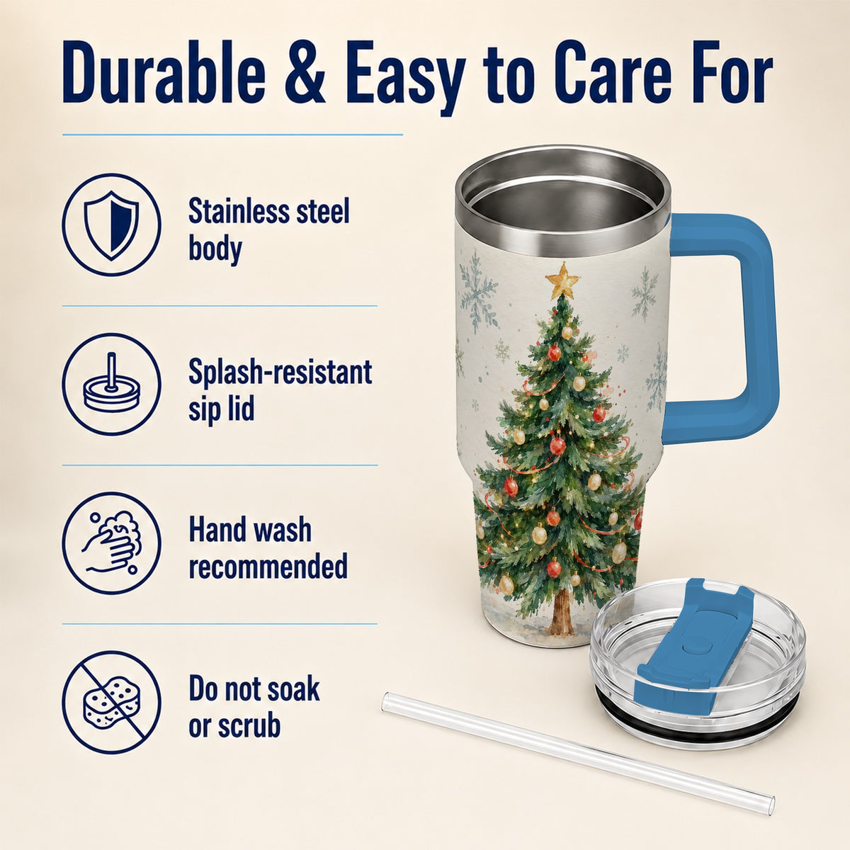 #pl[40oz|Blue] Christmas Tree 40oz Tumbler with Handle, Watercolor Holiday Travel Cup