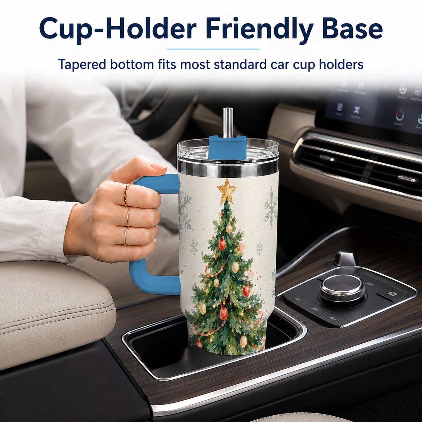 #pl[40oz|Blue] Christmas Tree 40oz Tumbler with Handle, Watercolor Holiday Travel Cup