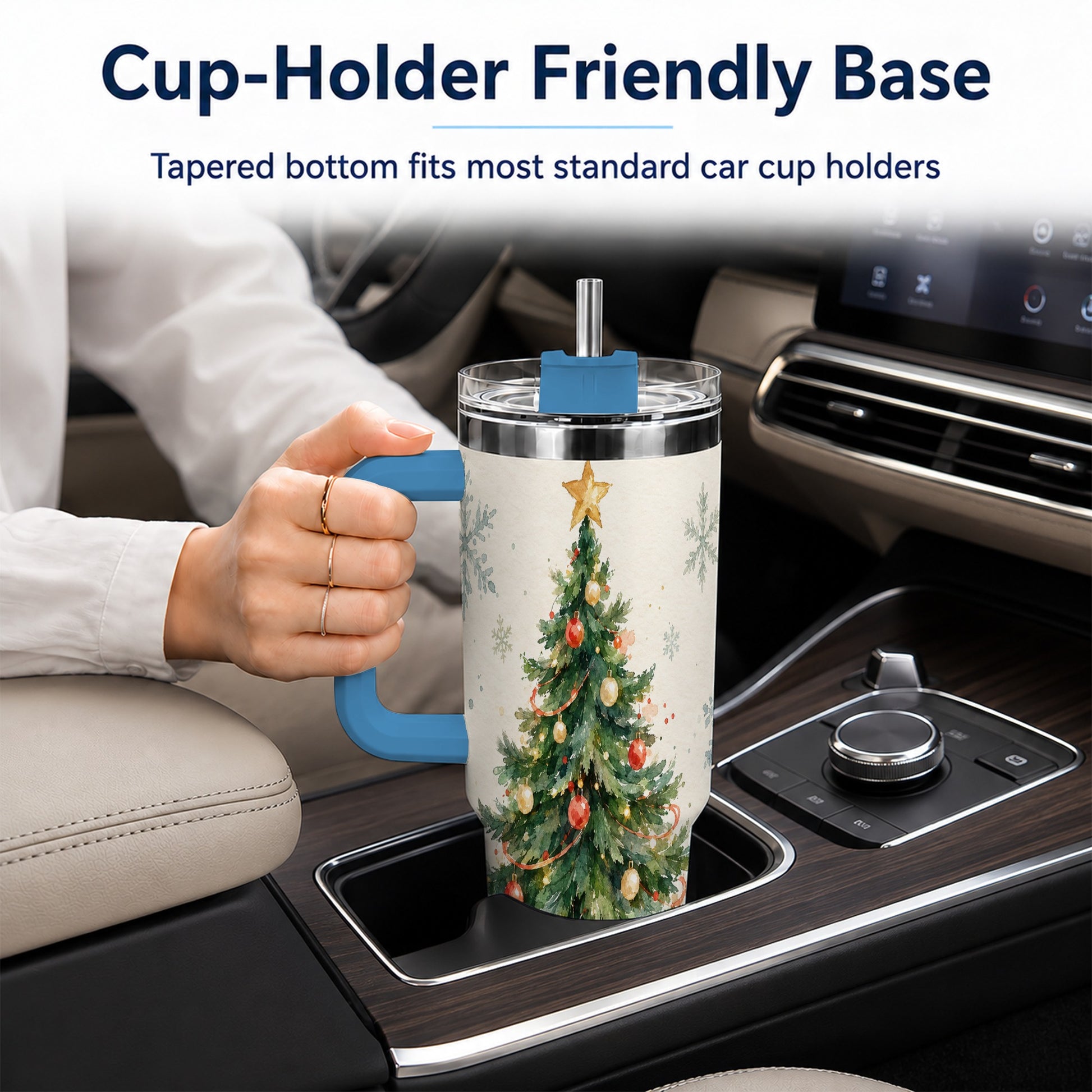 #pl[40oz|Blue] Christmas Tree 40oz Tumbler with Handle, Watercolor Holiday Travel Cup