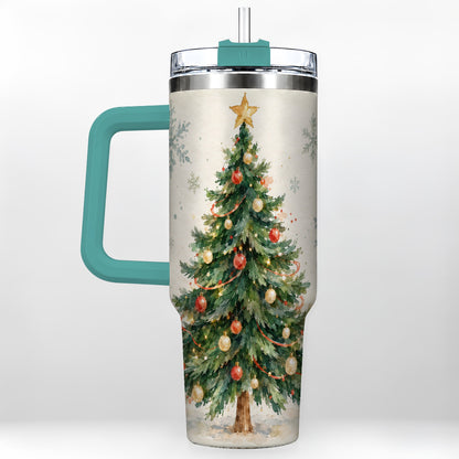 #pl[40oz|Green] Christmas Tree 40oz Tumbler with Handle, Watercolor Holiday Travel Cup