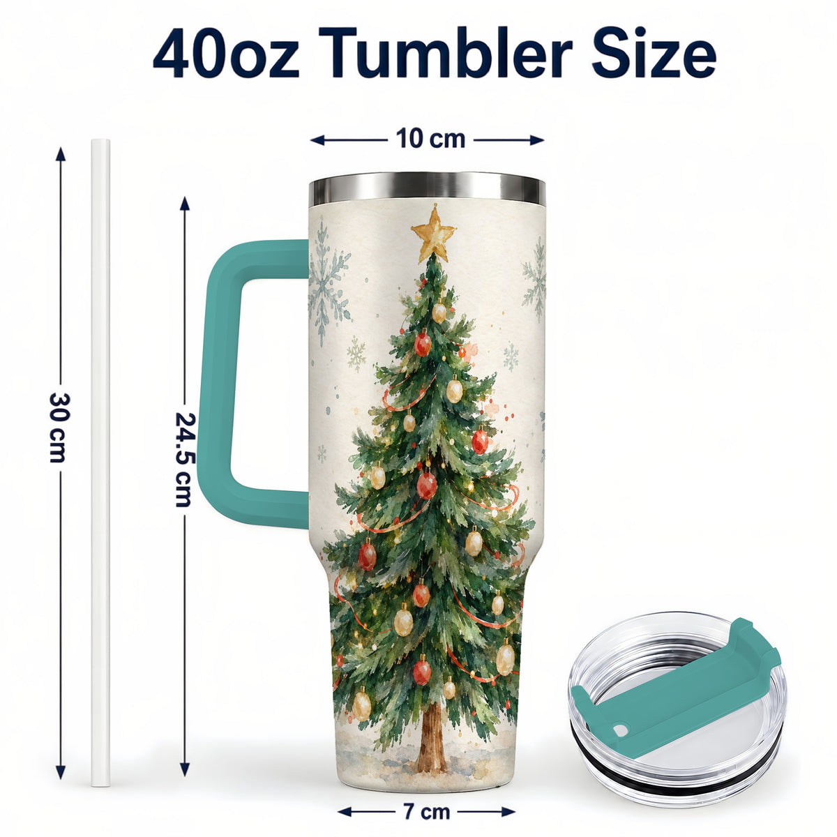 #pl[40oz|Green] Christmas Tree 40oz Tumbler with Handle, Watercolor Holiday Travel Cup