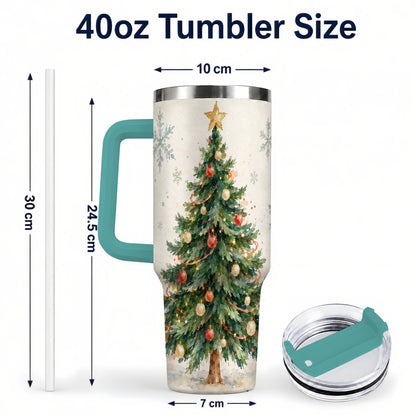 #pl[40oz|Green] Christmas Tree 40oz Tumbler with Handle, Watercolor Holiday Travel Cup