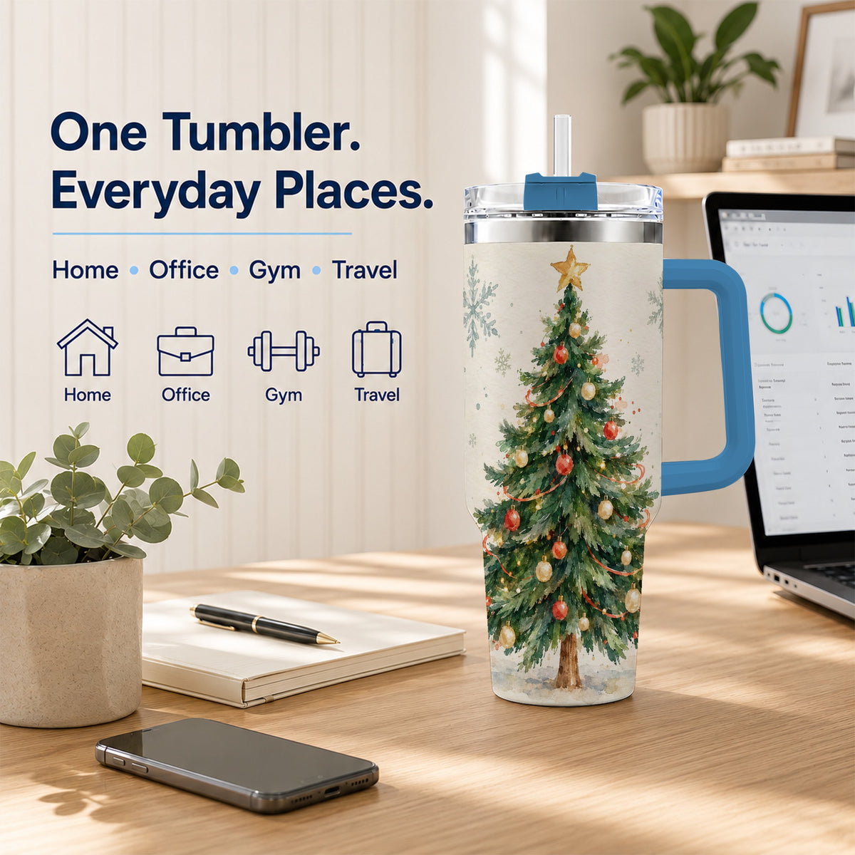 #pl[40oz|Blue] Christmas Tree 40oz Tumbler with Handle, Watercolor Holiday Travel Cup