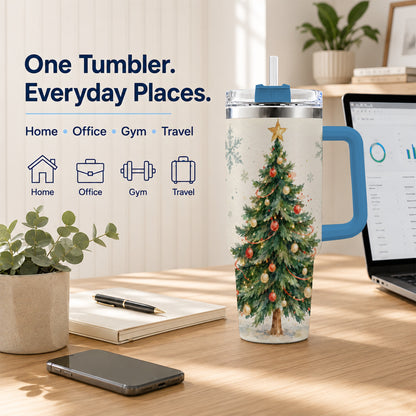 #pl[40oz|Blue] Christmas Tree 40oz Tumbler with Handle, Watercolor Holiday Travel Cup