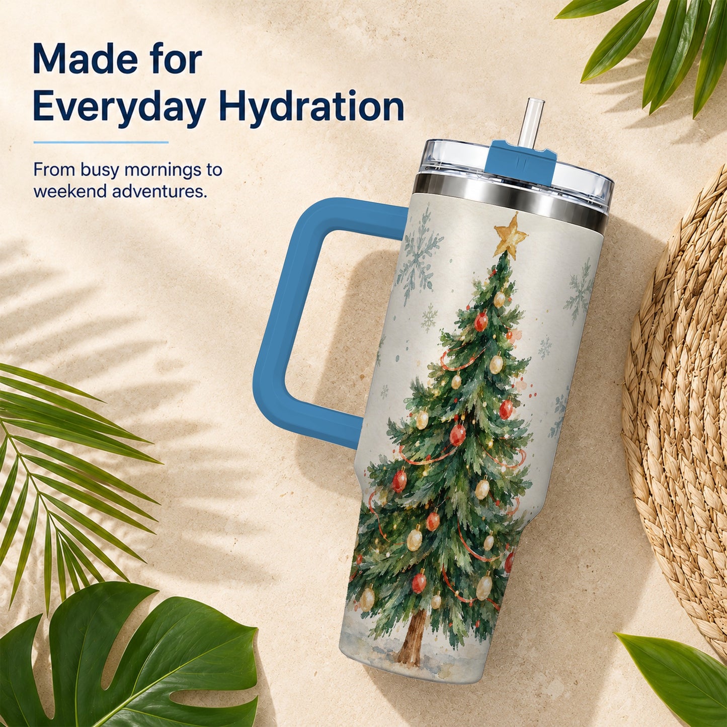 #pl[40oz|Blue] Christmas Tree 40oz Tumbler with Handle, Watercolor Holiday Travel Cup