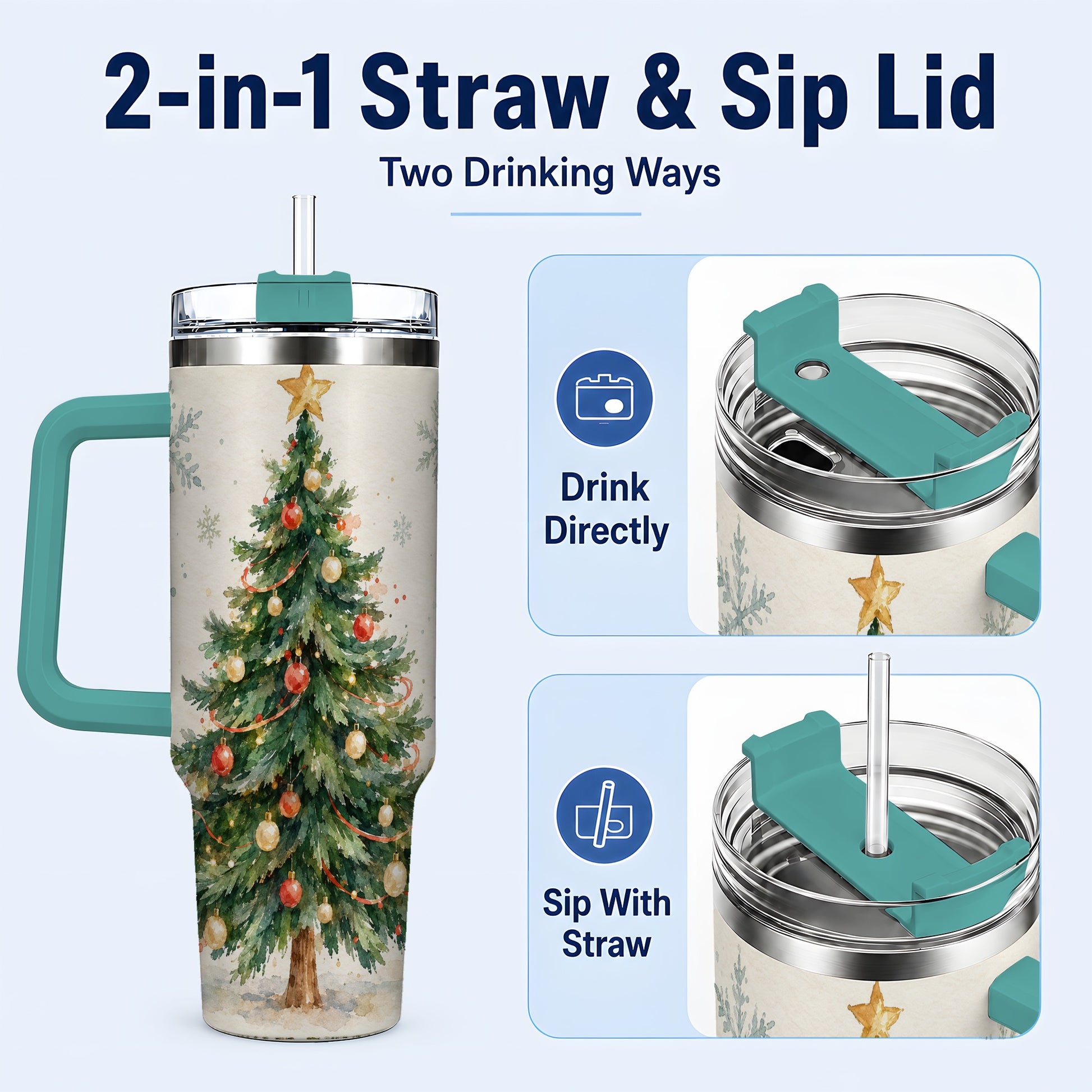 #pl[40oz|Green] Christmas Tree 40oz Tumbler with Handle, Watercolor Holiday Travel Cup