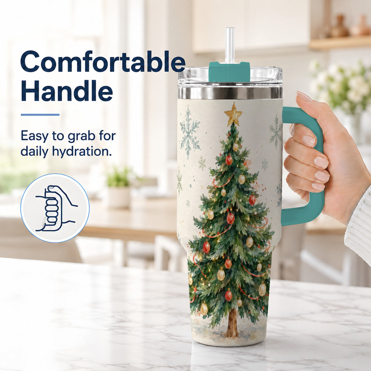 #pl[40oz|Green] Christmas Tree 40oz Tumbler with Handle, Watercolor Holiday Travel Cup