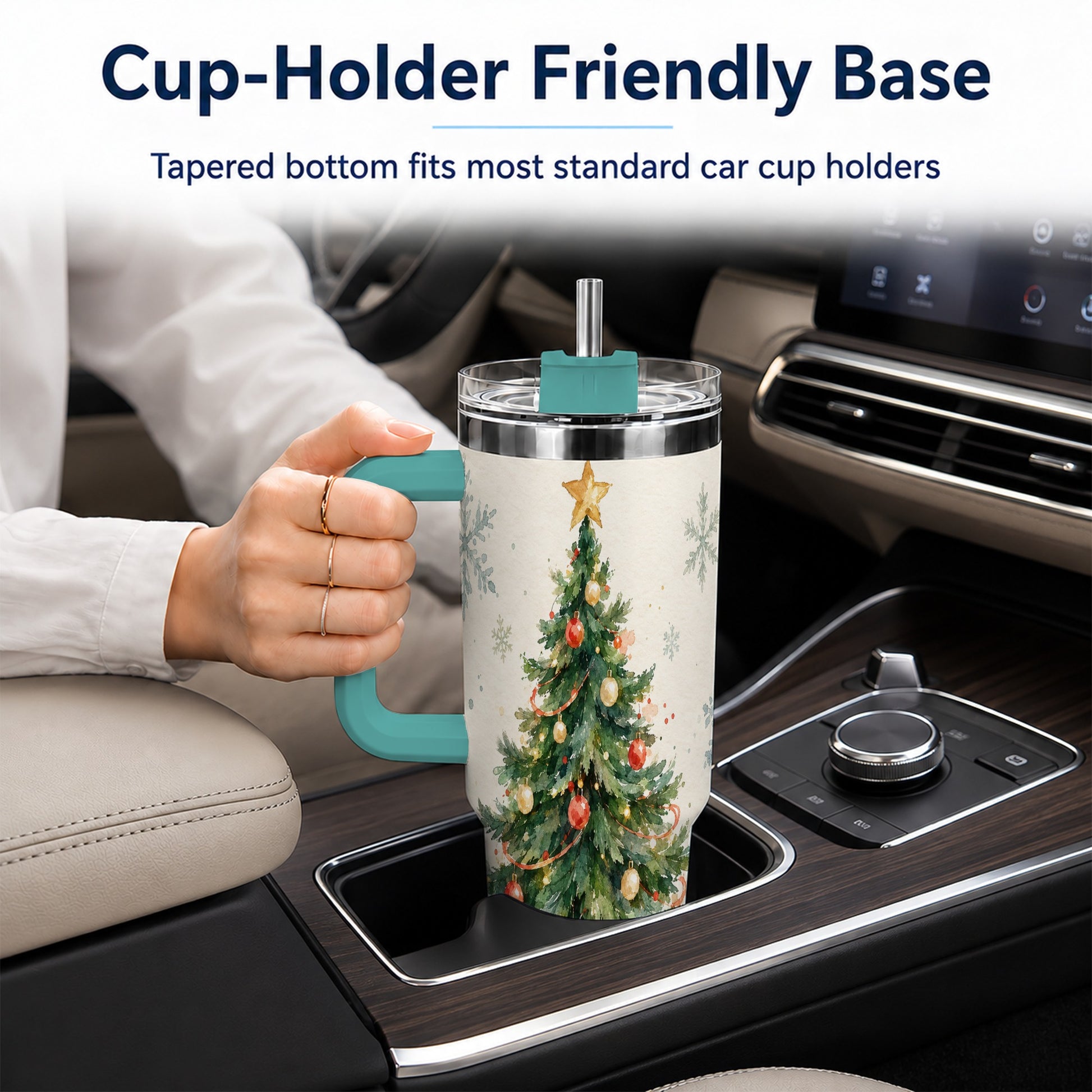 #pl[40oz|Green] Christmas Tree 40oz Tumbler with Handle, Watercolor Holiday Travel Cup