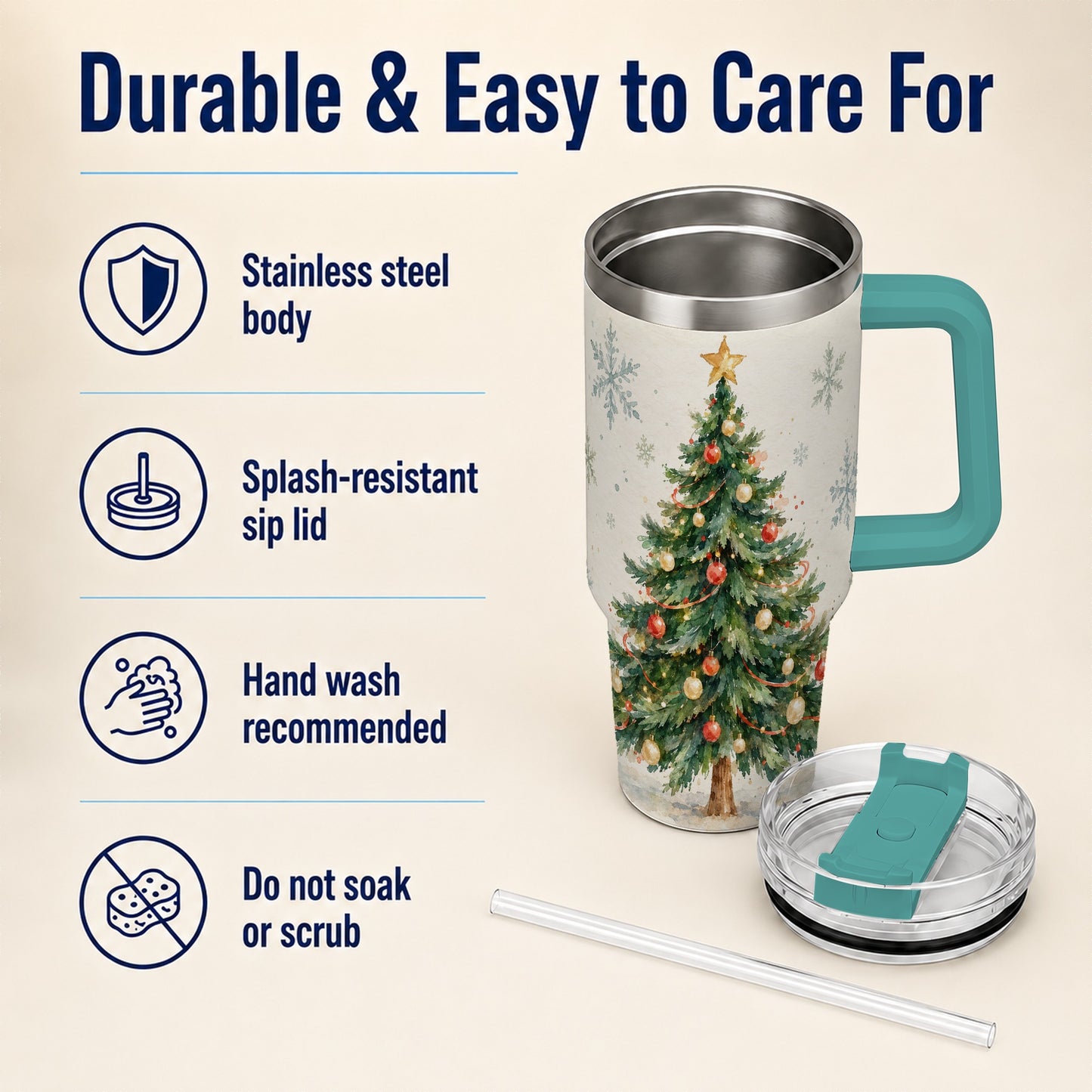 #pl[40oz|Green] Christmas Tree 40oz Tumbler with Handle, Watercolor Holiday Travel Cup
