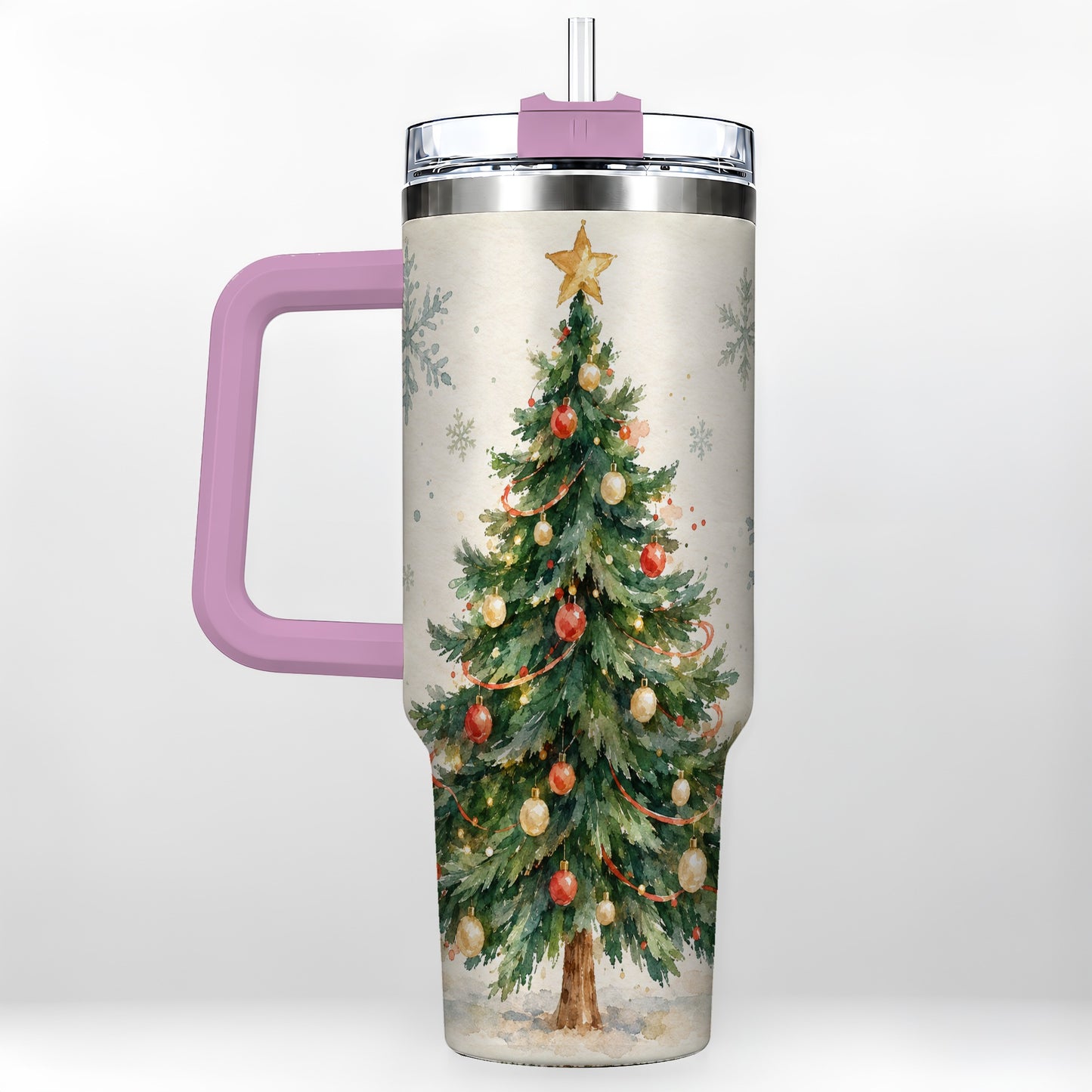 #pl[40oz|Pink] Christmas Tree 40oz Tumbler with Handle, Watercolor Holiday Travel Cup