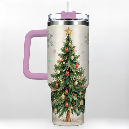 #pl[40oz|Pink] Christmas Tree 40oz Tumbler with Handle, Watercolor Holiday Travel Cup