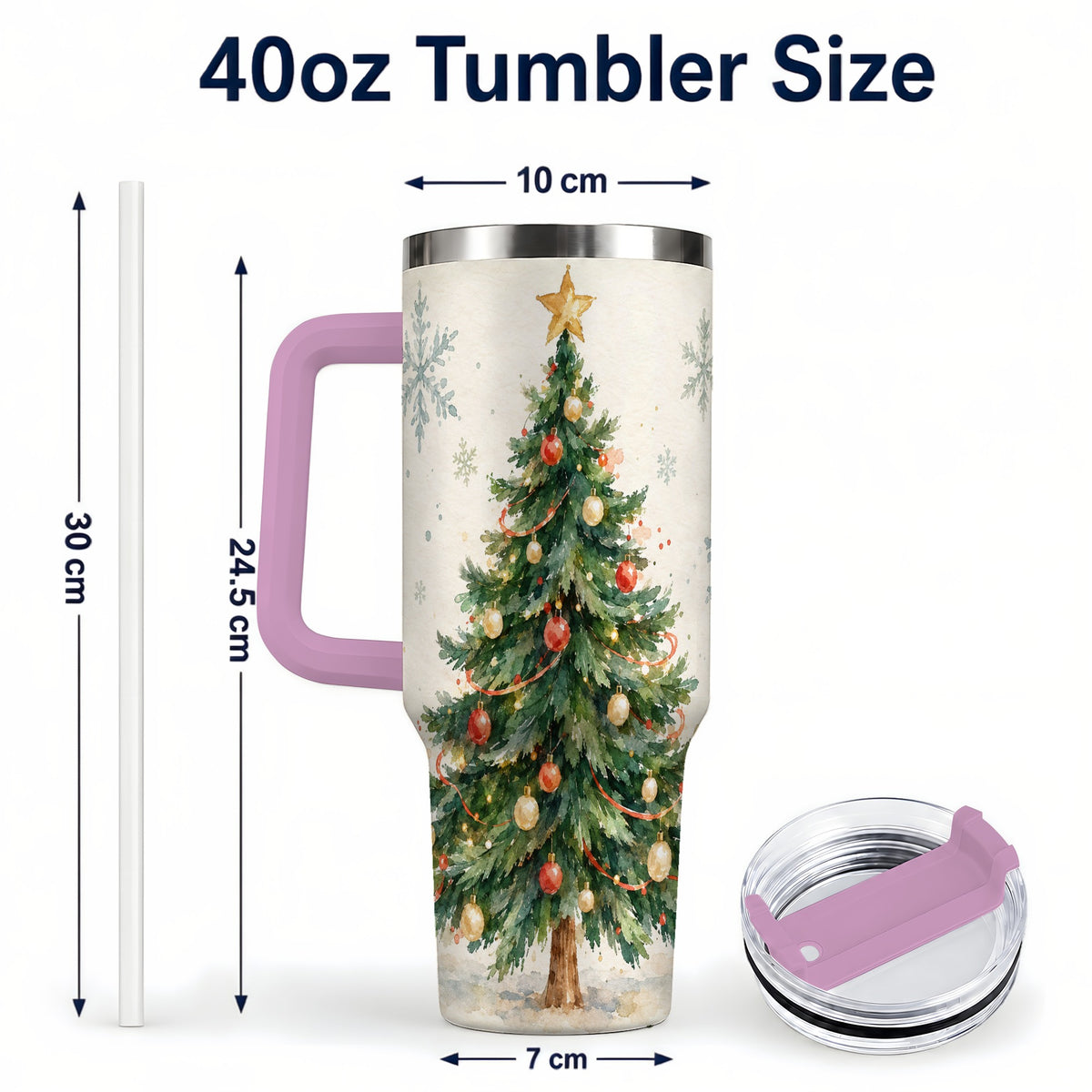 #pl[40oz|Pink] Christmas Tree 40oz Tumbler with Handle, Watercolor Holiday Travel Cup