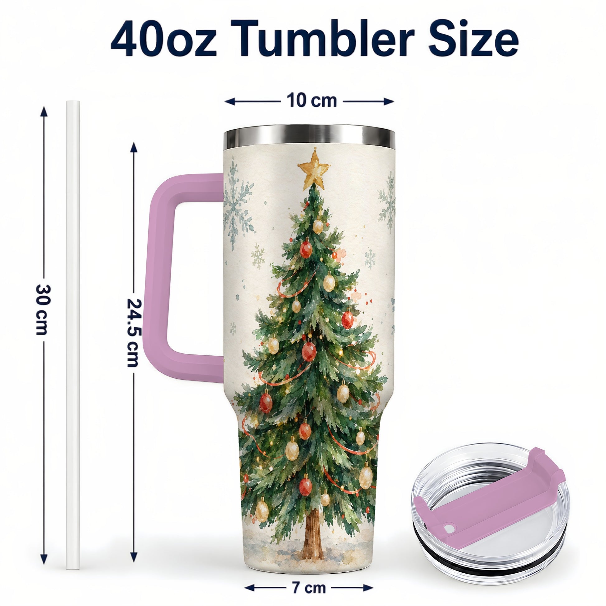 #pl[40oz|Pink] Christmas Tree 40oz Tumbler with Handle, Watercolor Holiday Travel Cup
