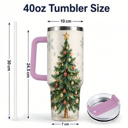 #pl[40oz|Pink] Christmas Tree 40oz Tumbler with Handle, Watercolor Holiday Travel Cup