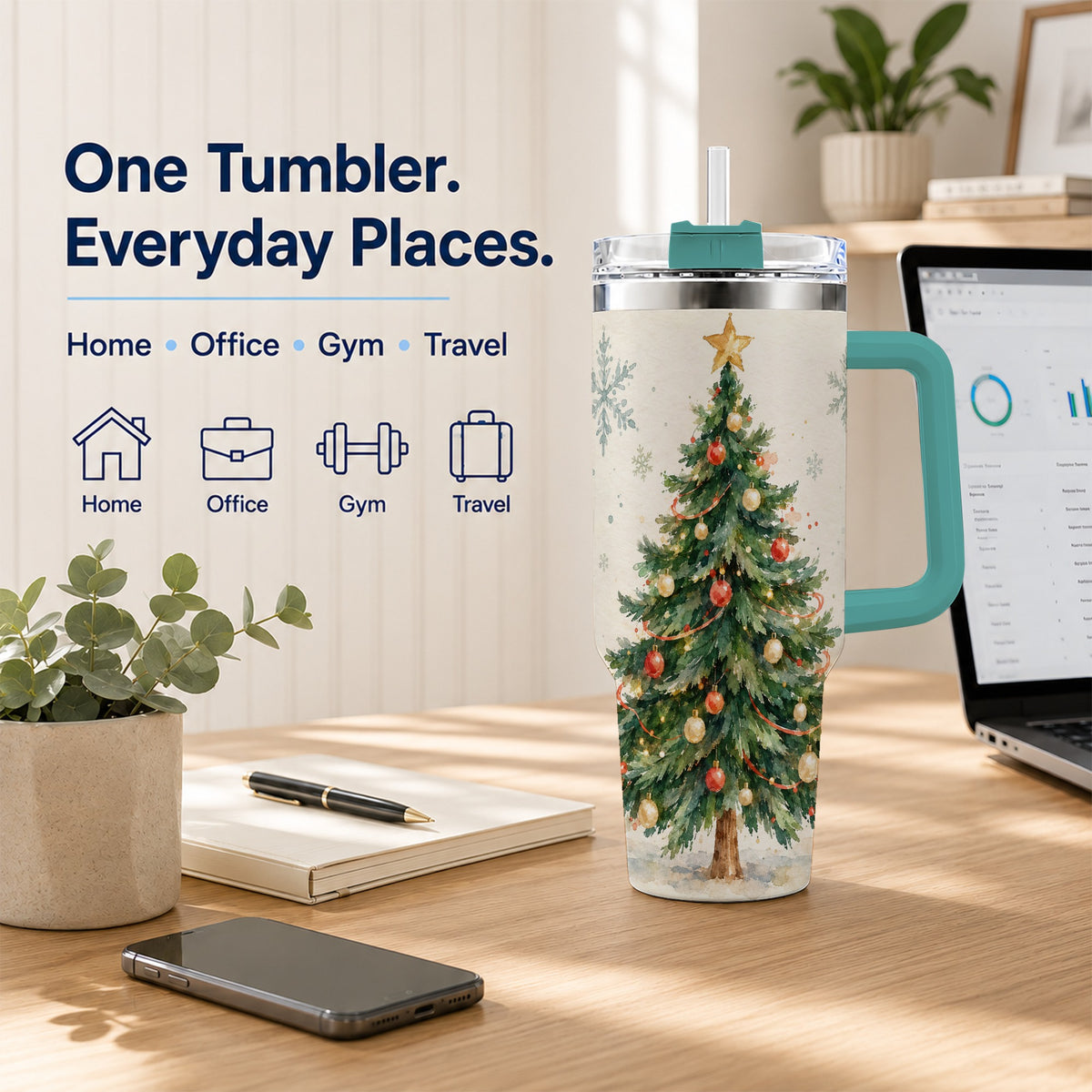 #pl[40oz|Green] Christmas Tree 40oz Tumbler with Handle, Watercolor Holiday Travel Cup