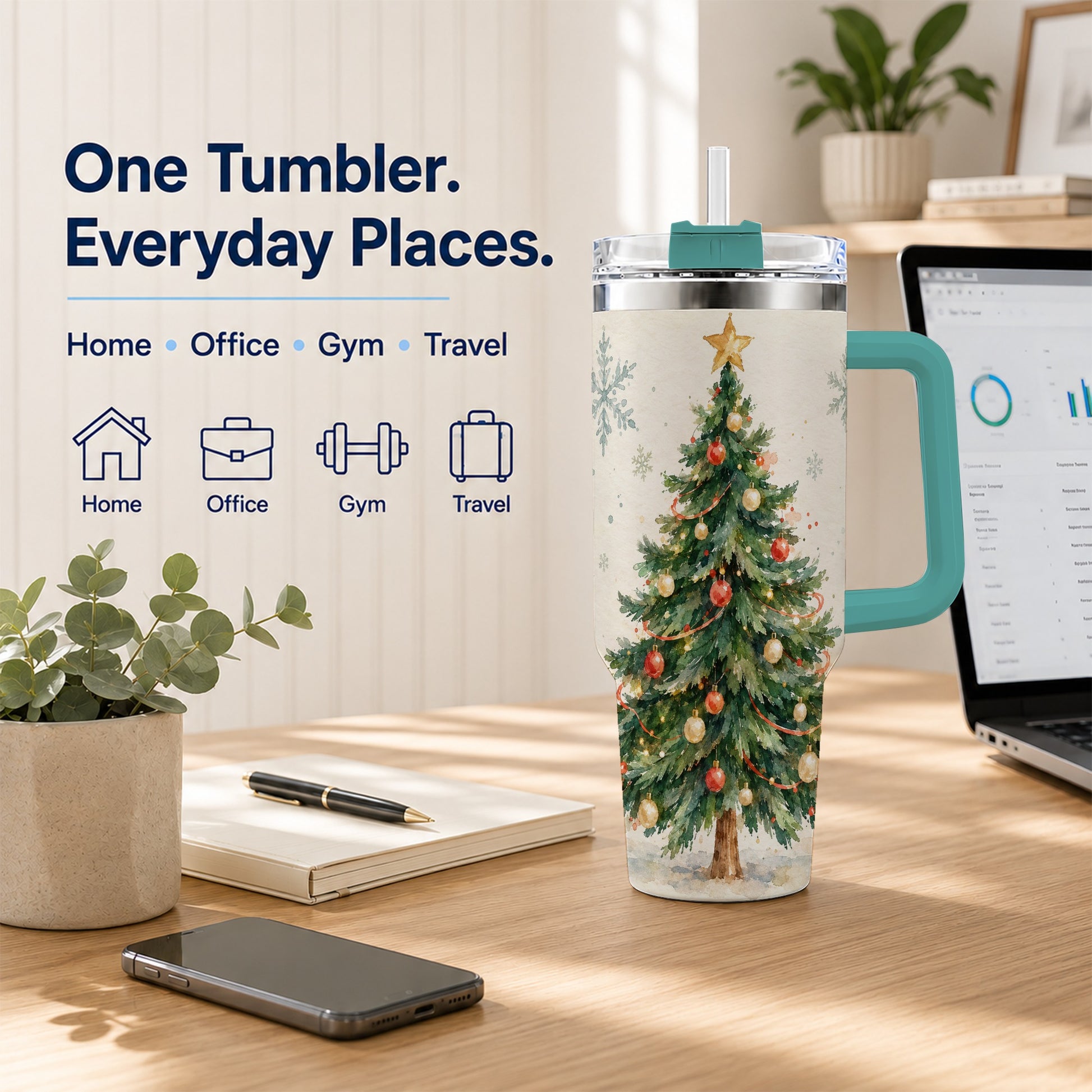 #pl[40oz|Green] Christmas Tree 40oz Tumbler with Handle, Watercolor Holiday Travel Cup
