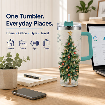 #pl[40oz|Green] Christmas Tree 40oz Tumbler with Handle, Watercolor Holiday Travel Cup