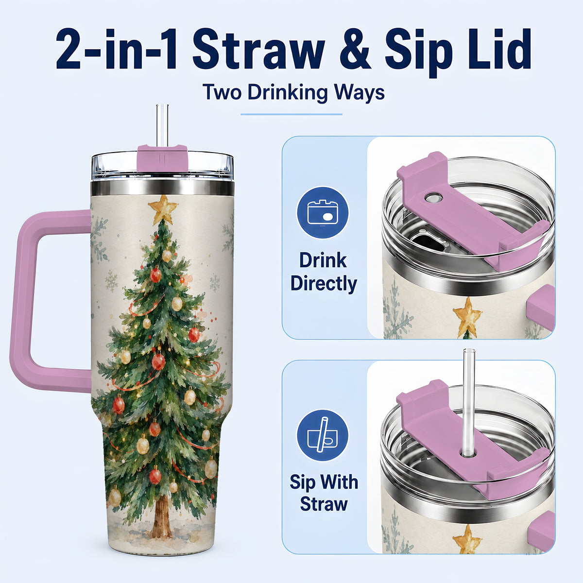 #pl[40oz|Pink] Christmas Tree 40oz Tumbler with Handle, Watercolor Holiday Travel Cup